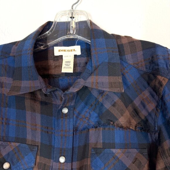 Diesel Long Sleeve Shirt Plaid Blue Brown Western Small - Picture 3 of 13